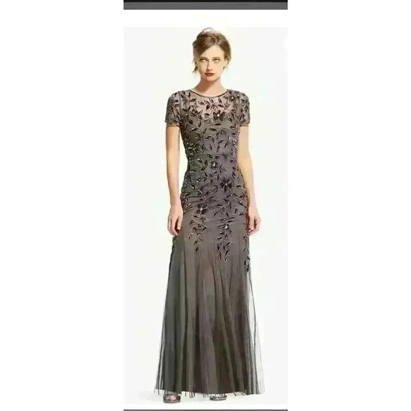 Adrianna Papell Floral Embroidered Beaded Godet Gown Dress, Lead Gray, Size 2P - Picture 3 of 9